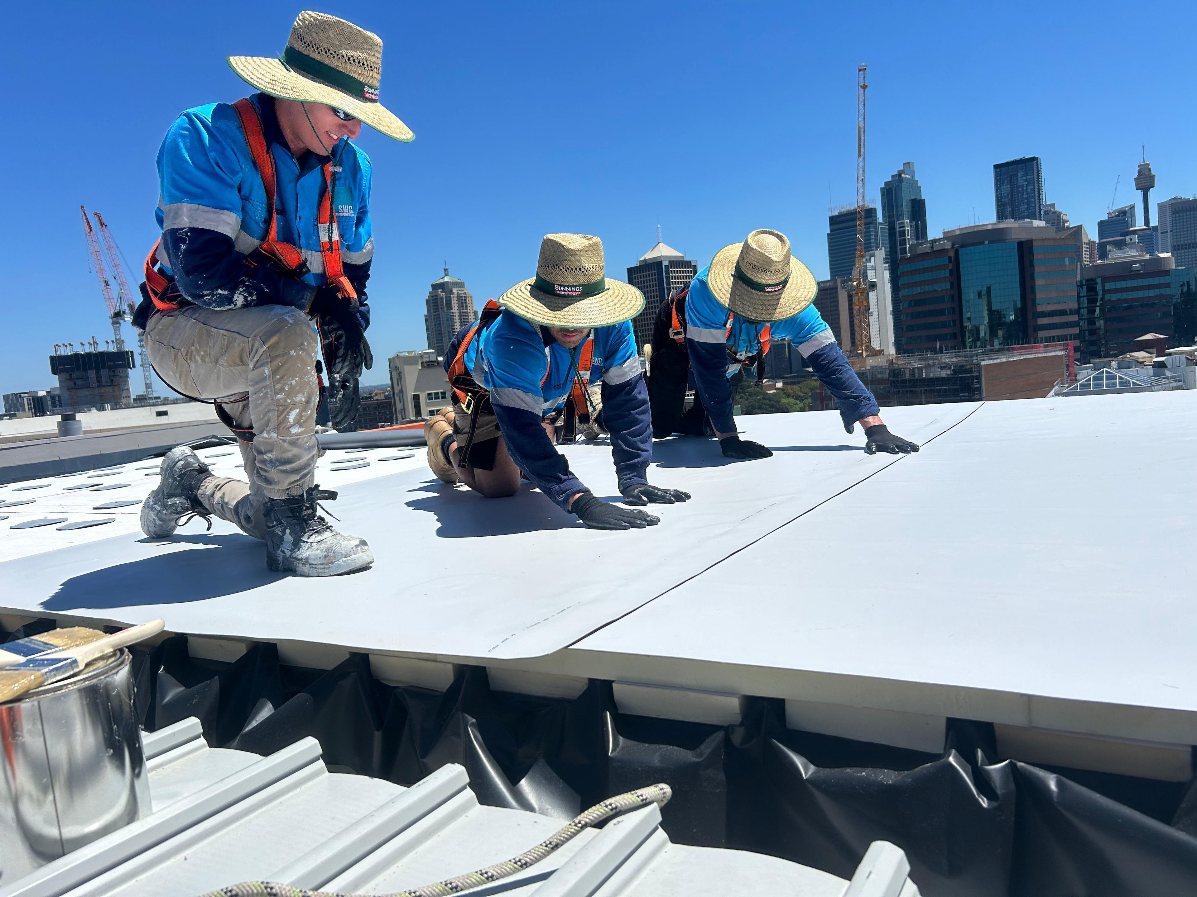 The Staples Waterproofing Co. team welding sheet membrane on a Sydney rooftop